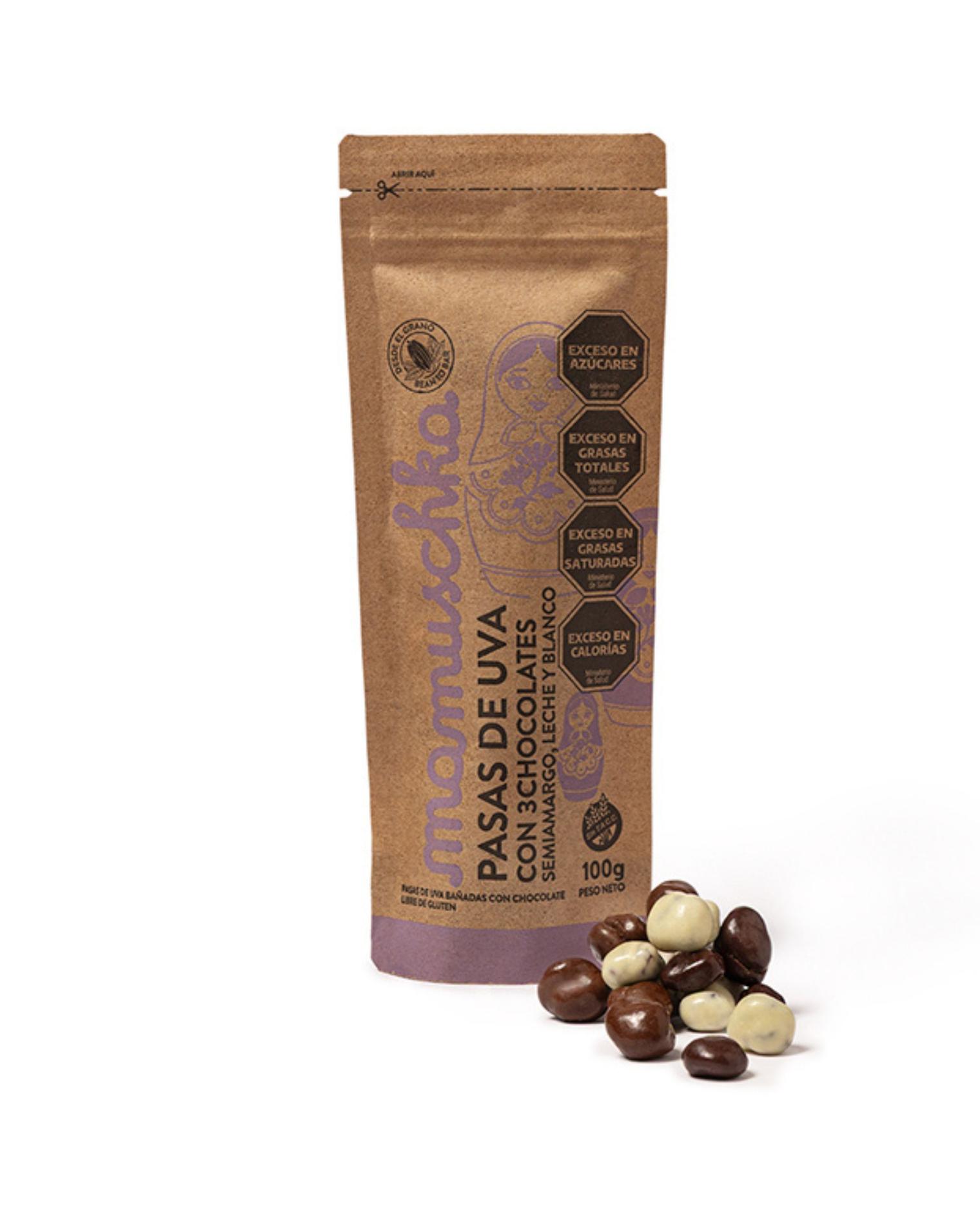 Pasas uva cubiertas con tres chocolates 100g