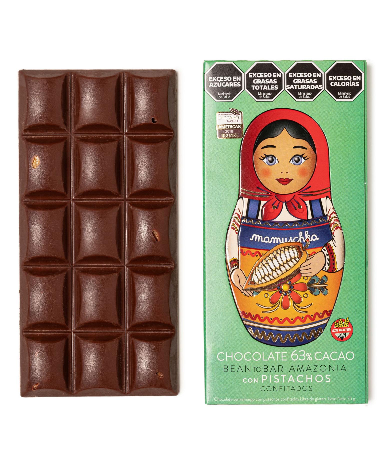 Tableta 63% Cacao Amazonia con Pistachos