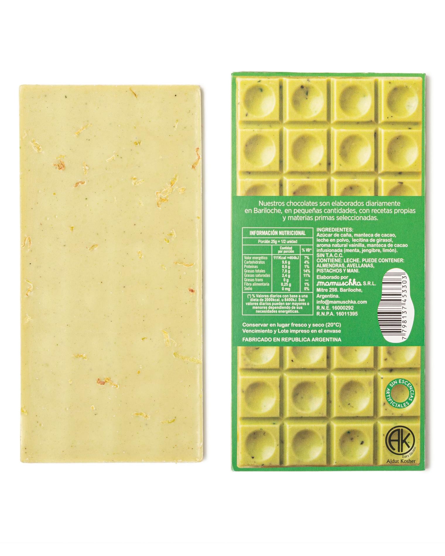 Tableta Chocolate Blanco Infusionado con Menta, Limón y Jengibre 50g