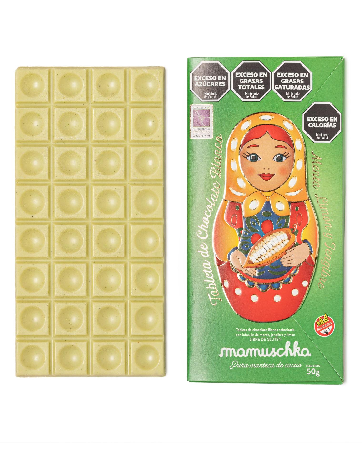 Tableta Chocolate Blanco Infusionado con Menta, Limón y Jengibre 50g