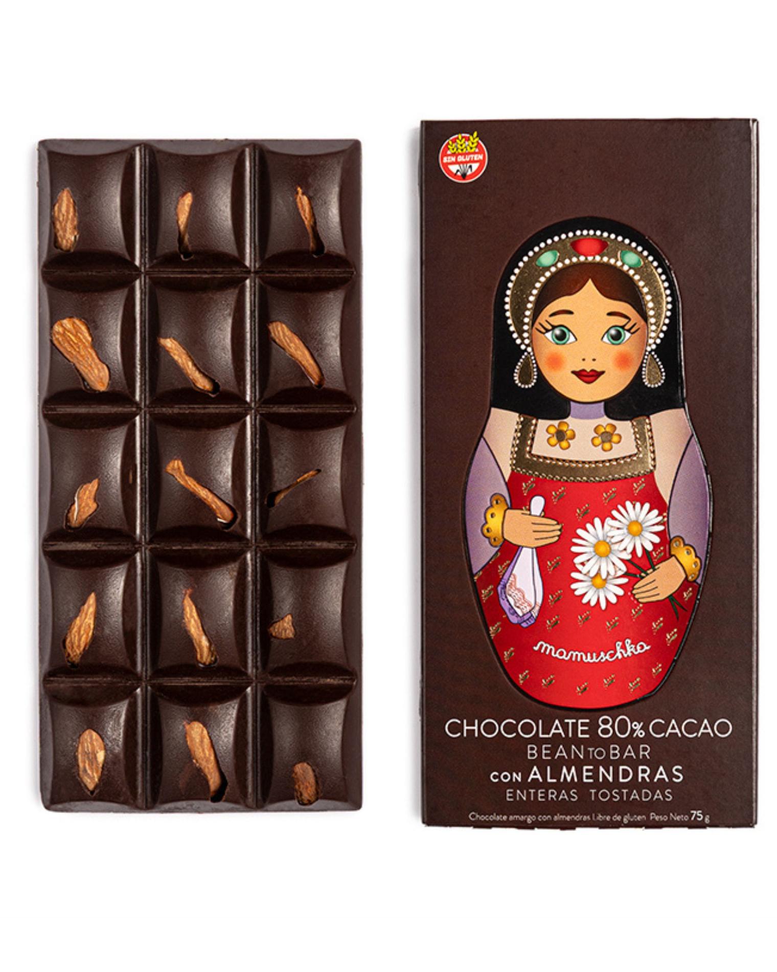 Tableta 80% Cacao con almendras enteras y tostadas