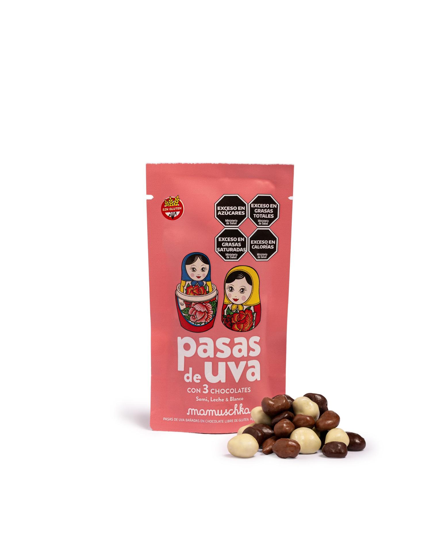 Pasas uva cubiertas con tres chocolates 50g