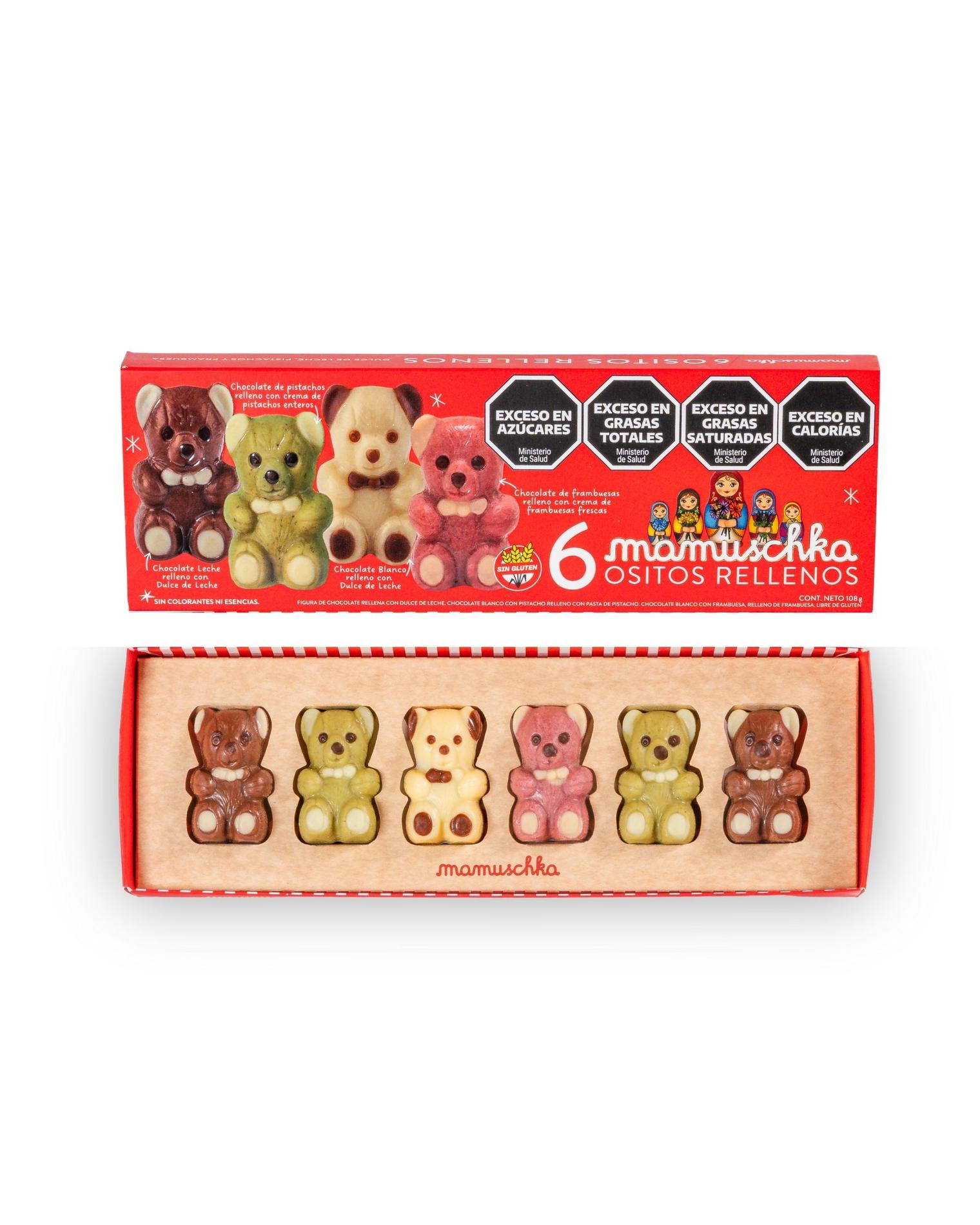 Caja de 6 ositos dulce de leche, frambuesa y pistacho