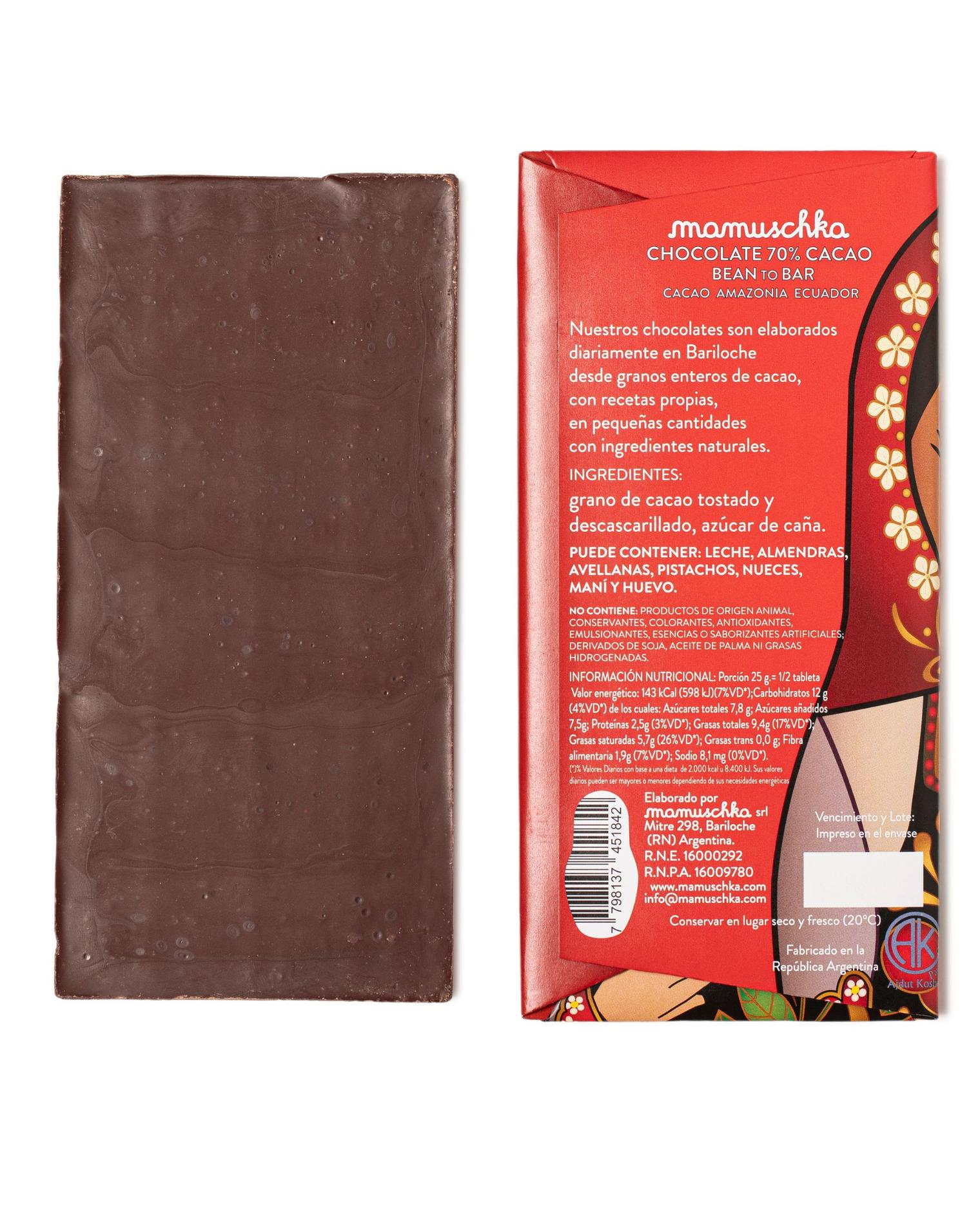 Tableta Puro Chocolate Amargo 70% Cacao