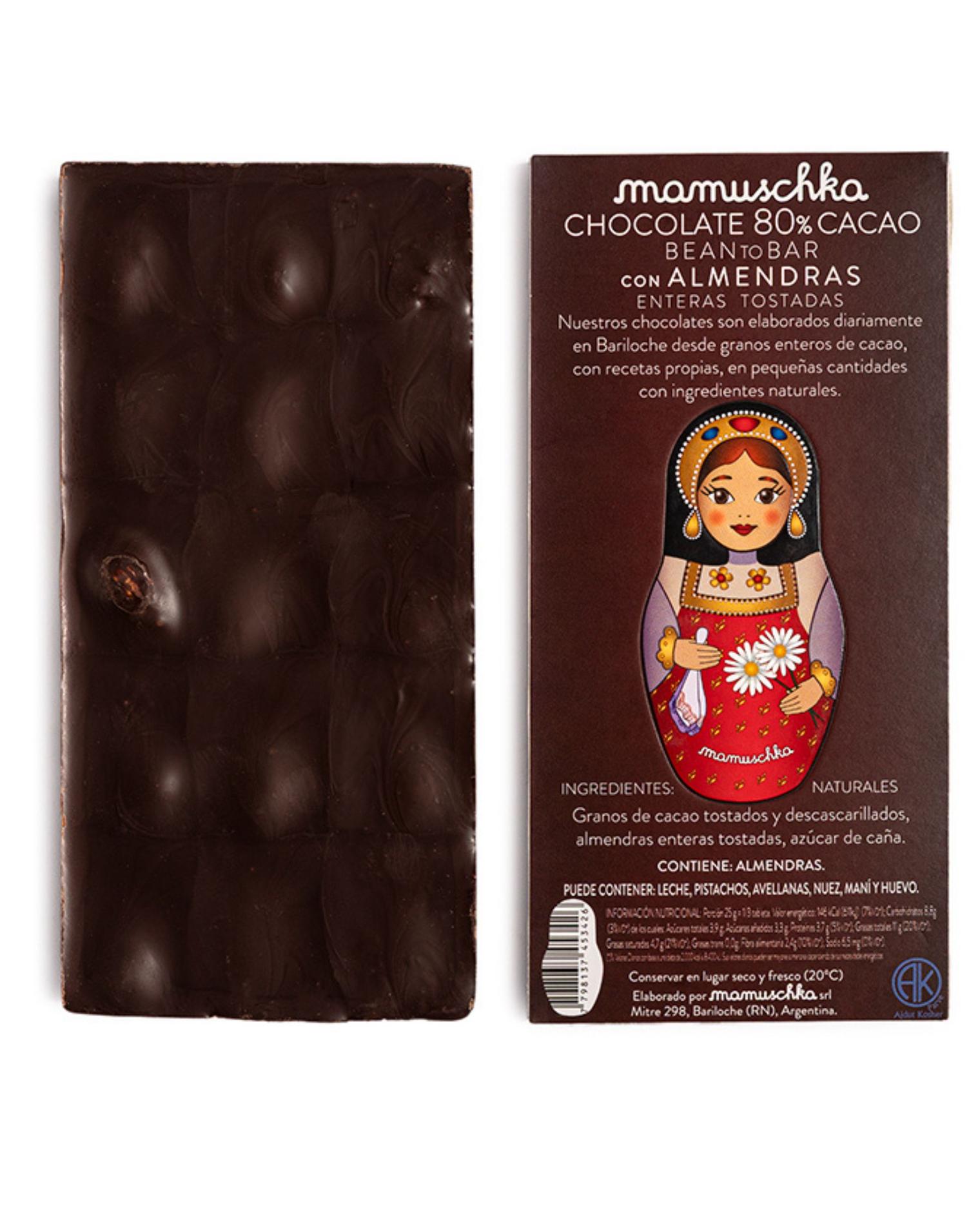 Tableta 80% Cacao con almendras enteras y tostadas