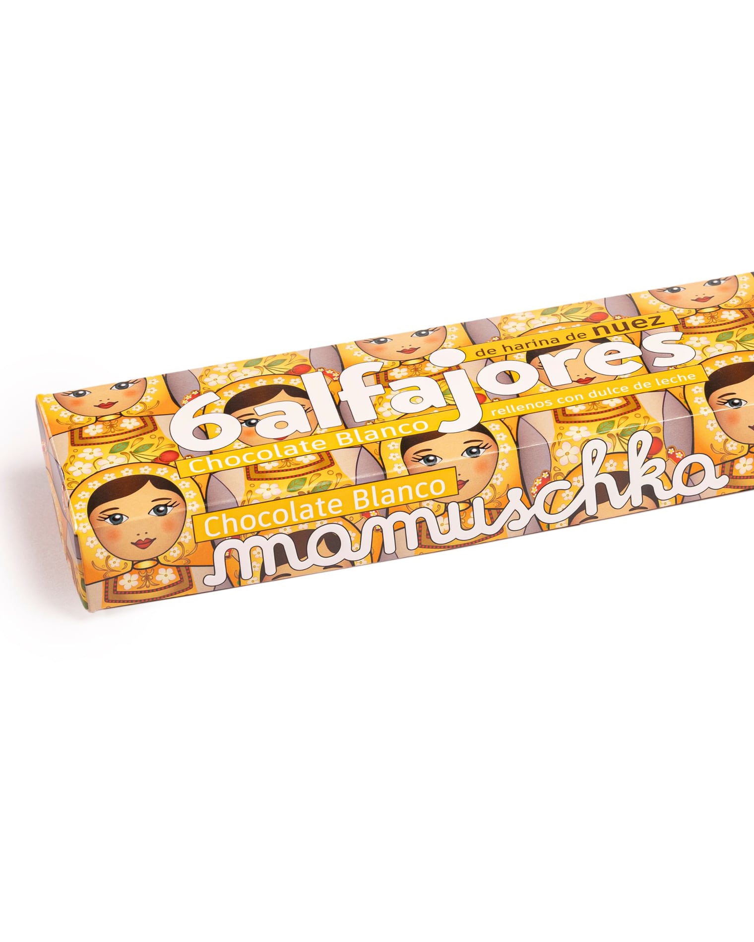 Caja 6 alfajores con harina de nuez y chocolate blanco. 