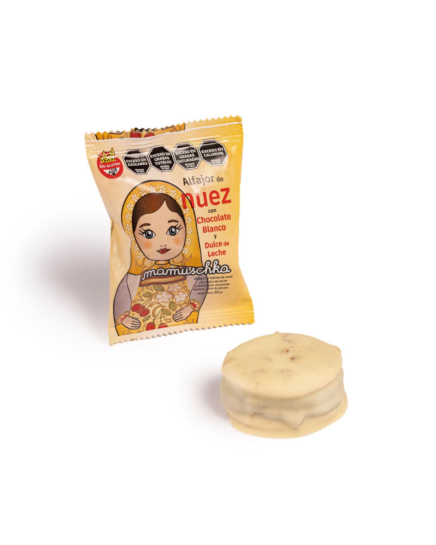 Alfajor Nuez con Chocolate Blanco y Dulce de Leche x Unidad